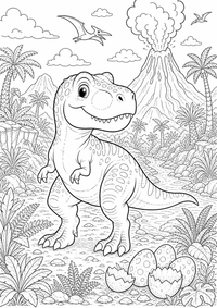 Freundlicher T-Rex im Vulkan-Tal mit Farnen, Fluss, Bergen und Urzeitpflanzen. Kostenloses Dinosaurier Ausmalbild zum Ausdrucken als hochwertige A4 PNG Malvorlage.