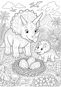 Triceratops Familie mit Nest, Dinosaurier-Eiern, Farnwiese und Urzeitlandschaft. Kostenloses Dinosaurier Ausmalbild zum Ausdrucken als hochwertige A4 PNG Malvorlage.