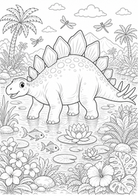 Dinosaurio Stegosaurus flores laguna es un dibujo de dinosaurio para colorear gratis, con contornos negros claros y detalles fáciles de imprimir para niños. Abre el archivo PNG, imprímelo en A4 y úsalo en casa, en el jardín de infancia o en la escuela.