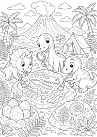 Baby-Dinos entdecken Fossilien, Eier, Farne und Forscherwerkzeug in einer Urzeitlandschaft. Kostenloses Dinosaurier Ausmalbild mit klaren Konturen als druckbare PNG-Datei für A4.