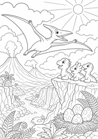Ein Pteranodon fliegt über Klippen, Wasserfall, Baby-Dinos, Farnen und Vulkanbergen. Kostenloses Dinosaurier Ausmalbild mit klaren Konturen als druckbare PNG-Datei für A4.