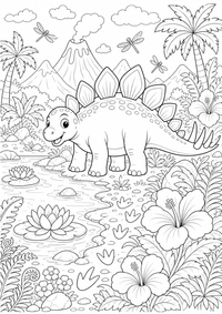 Ein freundlicher Stegosaurus steht an einer Lagune mit Riesenblumen, Libellen und Farnen. Kostenloses Dinosaurier Ausmalbild mit klaren Konturen als druckbare PNG-Datei für A4.