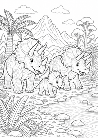 Triceratops família em rio — página para colorir é uma página gratuita para colorir e imprimir em A4, com contornos pretos nítidos e áreas claras para colorir. Sem cadastro.