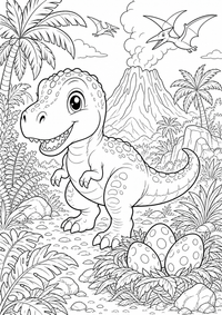 bebê T-Rex em Volcano Jungle — página para colorir é uma página gratuita para colorir e imprimir em A4, com contornos pretos nítidos e áreas claras para colorir. Sem cadastro.