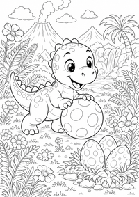 Baby Dino Ball ist ein kostenloses Ausmalbild mit klaren schwarzen Linien. Als PNG auf A4 ausdrucken für Zuhause, Kindergarten oder Schule.