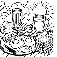 Desayuno en el sol es un dibujo de comida para colorear gratis, con contornos negros claros y detalles fáciles de imprimir para niños. Abre el archivo PNG, imprímelo en A4 y úsalo en casa, en el jardín de infancia o en la escuela.