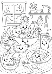 Picnic mesa con fruta es un dibujo de comida para colorear gratis, con contornos negros claros y detalles fáciles de imprimir para niños. Abre el archivo PNG, imprímelo en A4 y úsalo en casa, en el jardín de infancia o en la escuela.