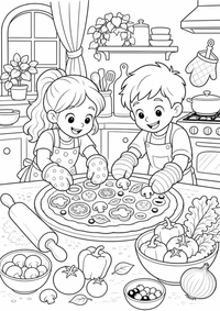 Pizza Kueche Ausmalbild ist ein kostenloses Essen und Trinken Ausmalbild mit klaren schwarzen Konturen zum Ausdrucken auf A4.