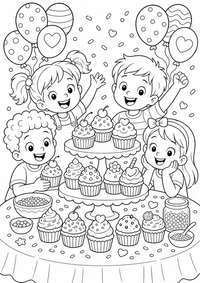 Cupcake Party ist ein kostenloses Essen und Trinken Ausmalbild mit klaren schwarzen Konturen zum Ausdrucken auf A4.