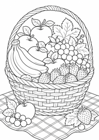 Obstkorb Ausmalbild ist ein kostenloses Essen und Trinken Ausmalbild mit klaren schwarzen Konturen zum Ausdrucken auf A4.