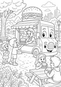 Burger खाना Truck Essen und Trinken — कलरिंग पेज एक मुफ्त A4 कलरिंग पेज है, जिसमें स्पष्ट काली रूपरेखाएँ और रंग भरने के लिए साफ़ क्षेत्र हैं। पंजीकरण आवश्यक नहीं।