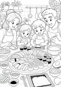 Sushi Platter Essen und Trinken — कलरिंग पेज एक मुफ्त A4 कलरिंग पेज है, जिसमें स्पष्ट काली रूपरेखाएँ और रंग भरने के लिए साफ़ क्षेत्र हैं। पंजीकरण आवश्यक नहीं।