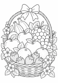 Fruit टोकरी के साथ fruits रंग भरने चित्र — कलरिंग पेज एक मुफ्त A4 कलरिंग पेज है, जिसमें स्पष्ट काली रूपरेखाएँ और रंग भरने के लिए साफ़ क्षेत्र हैं। पंजीकरण आवश्यक नहीं।
