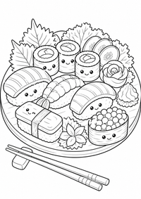 Sushi Teller es un dibujo comida y bebida gratis para imprimir en A4, con contornos negros claros.