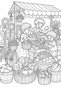 Kinder auf dem Bauernmarkt ist ein kostenloses A4-Ausmalbild mit klaren schwarzen Konturen zum Ausdrucken.