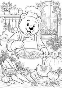 Bär kocht Gemüsesuppe ist ein kostenloses A4-Ausmalbild mit klaren schwarzen Konturen zum Ausdrucken.