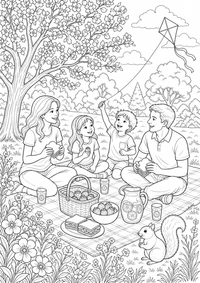 Familienpicknick mit Drachen ist ein kostenloses A4-Ausmalbild mit klaren schwarzen Konturen zum Ausdrucken.