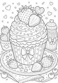 Cupcake con fresas es un dibujo de comida para colorear gratis, con contornos negros claros y detalles fáciles de imprimir para niños. Abre el archivo PNG, imprímelo en A4 y úsalo en casa, en el jardín de infancia o en la escuela.