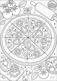 Pizza con verduras es un dibujo de comida para colorear gratis, con contornos negros claros y detalles fáciles de imprimir para niños. Abre el archivo PNG, imprímelo en A4 y úsalo en casa, en el jardín de infancia o en la escuela.