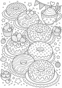 Donut desfile es un dibujo de comida para colorear gratis, con contornos negros claros y detalles fáciles de imprimir para niños. Abre el archivo PNG, imprímelo en A4 y úsalo en casa, en el jardín de infancia o en la escuela.