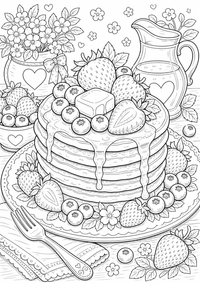 Tortitas con bayas es un dibujo de comida para colorear gratis, con contornos negros claros y detalles fáciles de imprimir para niños. Abre el archivo PNG, imprímelo en A4 y úsalo en casa, en el jardín de infancia o en la escuela.