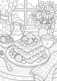 Mesa de desayuno con gofres es un dibujo de comida para colorear gratis, con contornos negros claros y detalles fáciles de imprimir para niños. Abre el archivo PNG, imprímelo en A4 y úsalo en casa, en el jardín de infancia o en la escuela.
