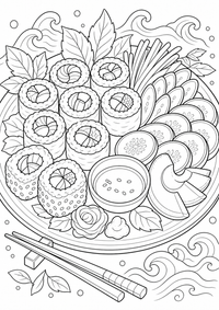 Sushi plato con verduras es un dibujo de comida para colorear gratis, con contornos negros claros y detalles fáciles de imprimir para niños. Abre el archivo PNG, imprímelo en A4 y úsalo en casa, en el jardín de infancia o en la escuela.