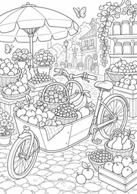 Comida mercado de frutas bicicleta es un dibujo de comida para colorear gratis, con contornos negros claros y detalles fáciles de imprimir para niños. Abre el archivo PNG, imprímelo en A4 y úsalo en casa, en el jardín de infancia o en la escuela.