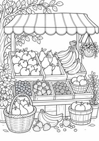 Fruit market stall — कलरिंग पेज एक मुफ्त A4 कलरिंग पेज है, जिसमें स्पष्ट काली रूपरेखाएँ और रंग भरने के लिए साफ़ क्षेत्र हैं। पंजीकरण आवश्यक नहीं।