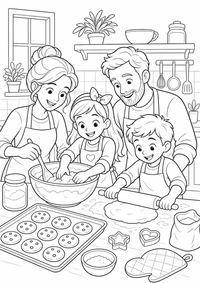 Familie beim Backen ist ein kostenloses Familie Ausmalbild mit klaren schwarzen Konturen zum Ausdrucken auf A4.