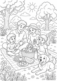 Familien Picknick im Park ist ein kostenloses Familie Ausmalbild mit klaren schwarzen Konturen zum Ausdrucken auf A4.