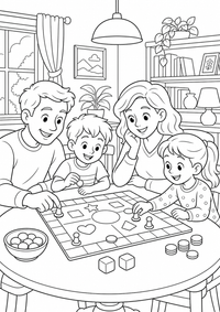 Familie beim Brettspiel ist ein kostenloses Familie Ausmalbild mit klaren schwarzen Konturen zum Ausdrucken auf A4.