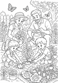 Familie im Garten ist ein kostenloses Familie Ausmalbild mit klaren schwarzen Konturen zum Ausdrucken auf A4.