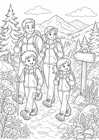 Familien Wanderung ist ein kostenloses Familie Ausmalbild mit klaren schwarzen Konturen zum Ausdrucken auf A4.
