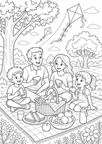 Familien Picnic In The Park is a free family coloring page with clear black outlines and printable details for children. Open the PNG file, print it on A4 and use it at home, kindergarten or school.