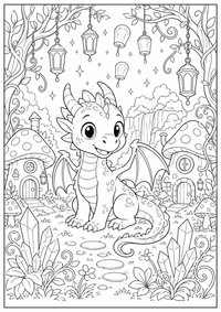 Ein freundlicher Drache sitzt in einem magischen Wald mit Pilzhäusern, Kristallen und Laternen. Kostenloses Fantasie Ausmalbild mit klaren Konturen für Kinder.