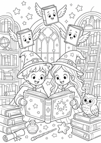 Zauberbibliothek ist ein kostenloses Fantasie Ausmalbild mit klaren schwarzen Konturen zum Ausdrucken auf A4.