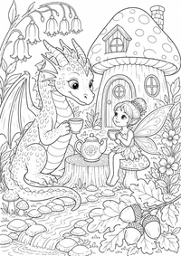 Drache und Fee beim Waldtee ist ein kostenloses A4-Ausmalbild mit klaren schwarzen Konturen zum Ausdrucken.