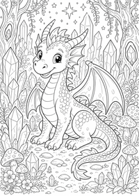 Ein freundlicher Drache sitzt im Kristallwald zwischen Pilzen, Felsen und Sternen. Kostenloses Ausmalbild zum Ausdrucken als druckbare PNG-Datei für A4.