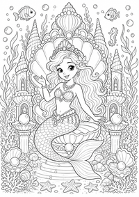 Sirena en el palacio de conchas es un dibujo de fantasía para colorear gratis, con contornos negros claros y detalles fáciles de imprimir para niños. Abre el archivo PNG, imprímelo en A4 y úsalo en casa, en el jardín de infancia o en la escuela.