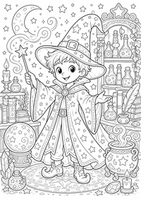 Mago con sombrero de estrellas es un dibujo de fantasía para colorear gratis, con contornos negros claros y detalles fáciles de imprimir para niños. Abre el archivo PNG, imprímelo en A4 y úsalo en casa, en el jardín de infancia o en la escuela.