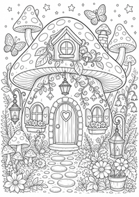Casa de hada en el bosque de setas es un dibujo de fantasía para colorear gratis, con contornos negros claros y detalles fáciles de imprimir para niños. Abre el archivo PNG, imprímelo en A4 y úsalo en casa, en el jardín de infancia o en la escuela.