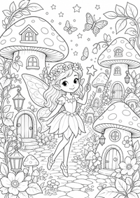 Hada en el aldea de setas es un dibujo de fantasía para colorear gratis, con contornos negros claros y detalles fáciles de imprimir para niños. Abre el archivo PNG, imprímelo en A4 y úsalo en casa, en el jardín de infancia o en la escuela.