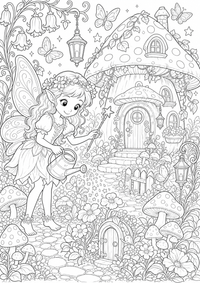 Fantasía hada seta jardín es un dibujo de fantasía para colorear gratis, con contornos negros claros y detalles fáciles de imprimir para niños. Abre el archivo PNG, imprímelo en A4 y úsalo en casa, en el jardín de infancia o en la escuela.