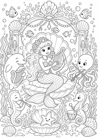Fantasía sirena concierto de conchas es un dibujo de fantasía para colorear gratis, con contornos negros claros y detalles fáciles de imprimir para niños. Abre el archivo PNG, imprímelo en A4 y úsalo en casa, en el jardín de infancia o en la escuela.