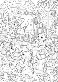 Fantasía mago escuela de setas es un dibujo de fantasía para colorear gratis, con contornos negros claros y detalles fáciles de imprimir para niños. Abre el archivo PNG, imprímelo en A4 y úsalo en casa, en el jardín de infancia o en la escuela.