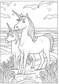 Unicornio junto al playa es un dibujo de fantasía para colorear gratis, con contornos negros claros y detalles fáciles de imprimir para niños. Abre el archivo PNG, imprímelo en A4 y úsalo en casa, en el jardín de infancia o en la escuela.