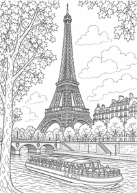 Eiffelturm an der Seine: Dieses kostenlose A4-Ausmalbild zeigt das französische Motiv mit klaren schwarzen Konturen auf weißem Hintergrund zum Ausdrucken.
