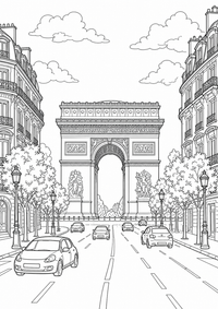 Triumphbogen in Paris: Dieses kostenlose A4-Ausmalbild zeigt das französische Motiv mit klaren schwarzen Konturen auf weißem Hintergrund zum Ausdrucken.