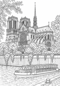 Notre-Dame an der Seine: Dieses kostenlose A4-Ausmalbild zeigt das französische Motiv mit klaren schwarzen Konturen auf weißem Hintergrund zum Ausdrucken.